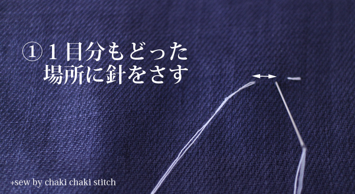 半返し縫いの①1目分もどった場所へ針をさす