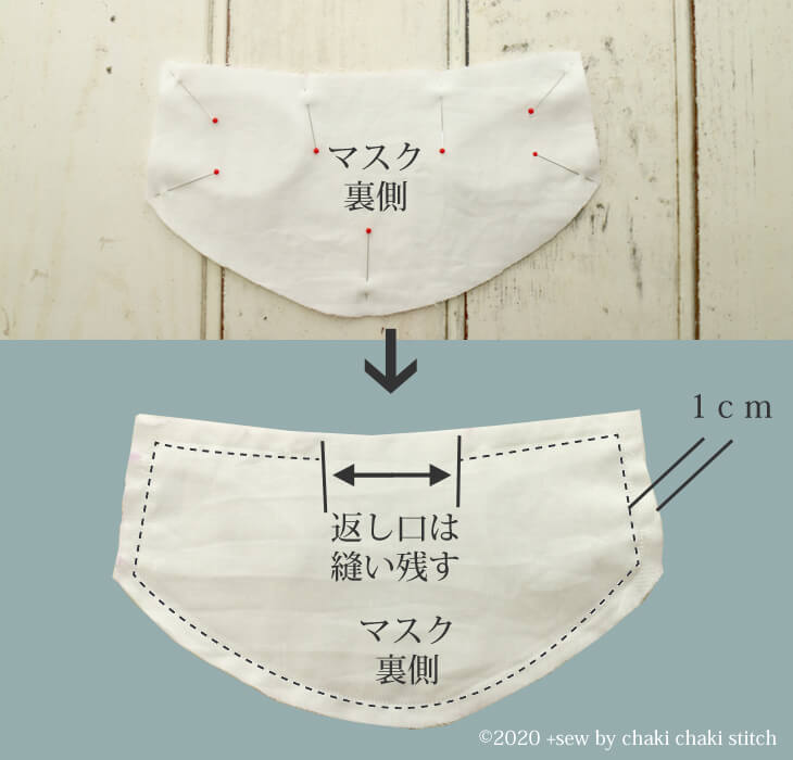 マスクを中表にして1cmで縫う