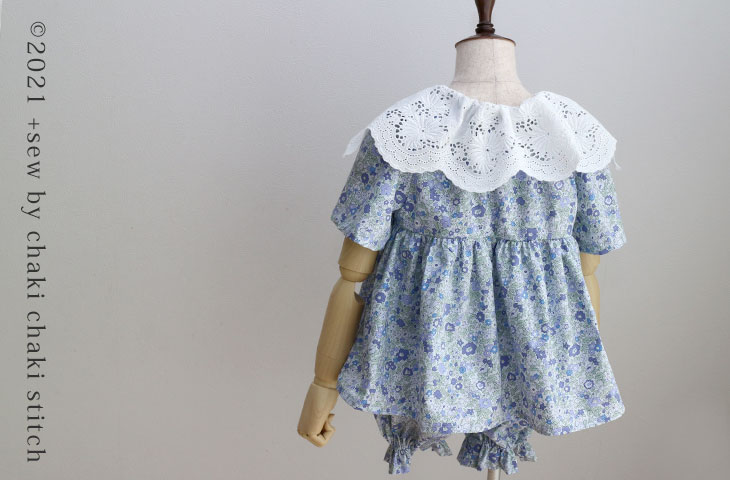 子供服型紙プレーリーワンピース110-ビッグカラー半袖ゴムギャザー無し後姿